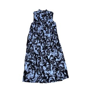 NWT Chico's Black Label Maxi Dress 14 Blue Black Crinkle High Neck Floral $168